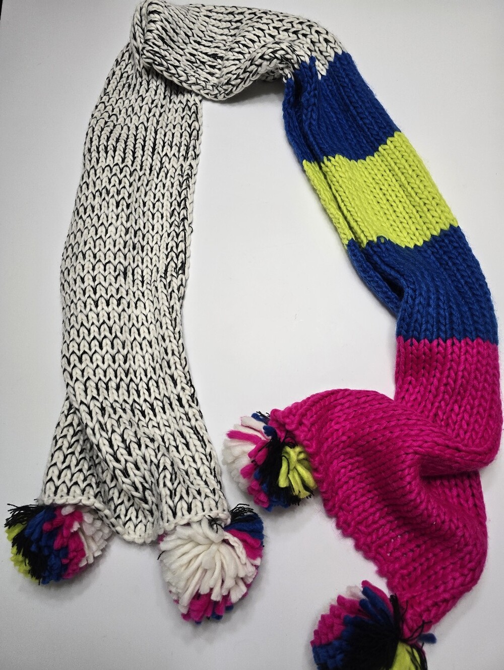 Colorblock Knit Scarf - Pink, Blue, Neon Yellow, White